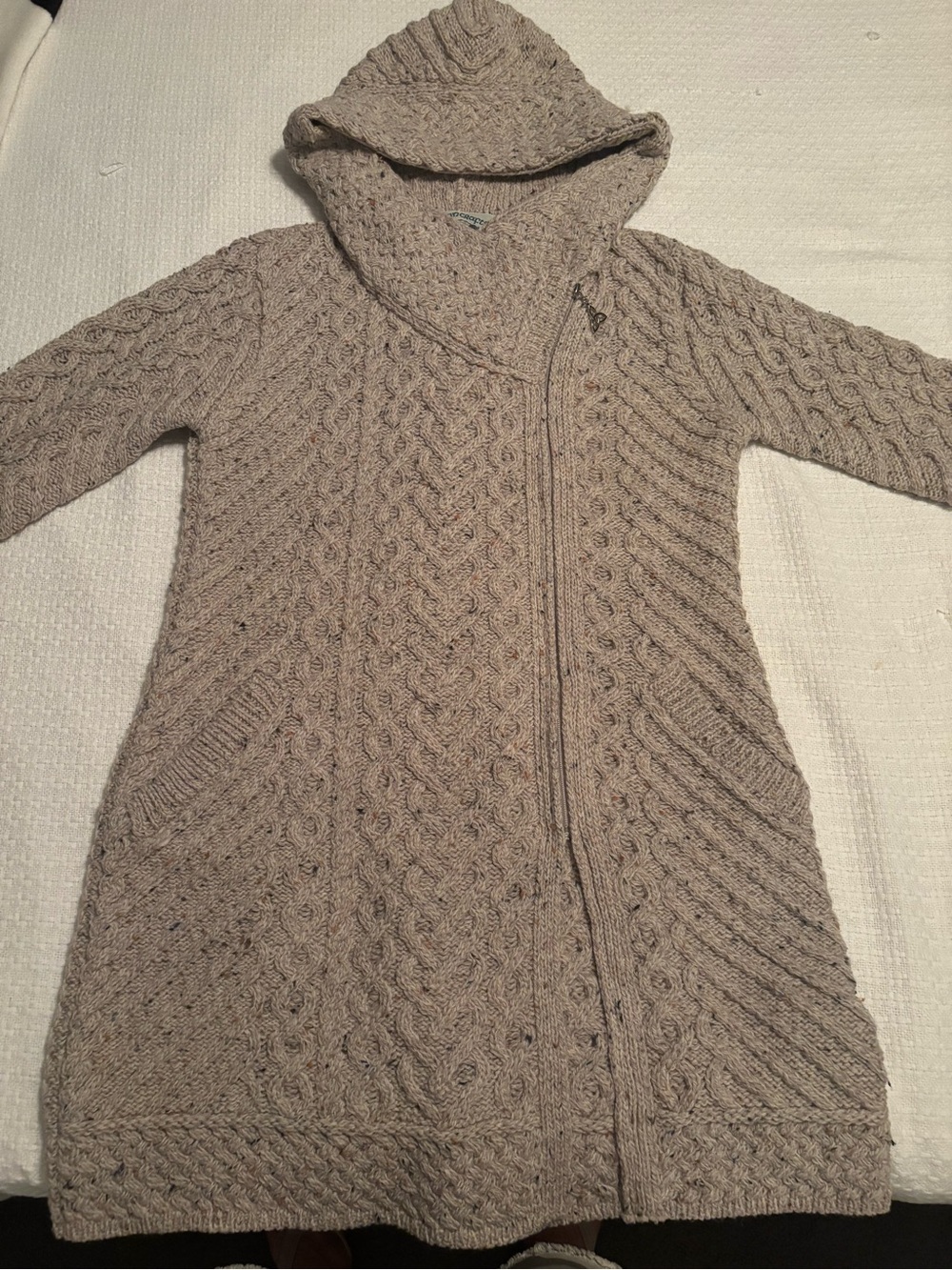 Aran Crafts Hooded Cable Knit Long Cardigan - Taupe NWOT
